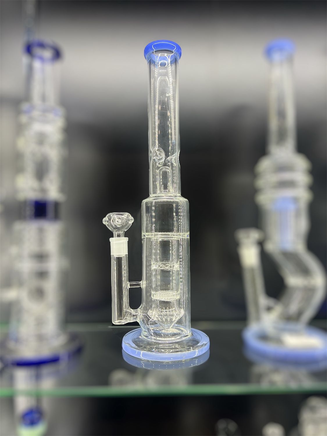 16&quot; Tall Straight Tube Water Pipe with Dual Honeycomb Percs and Blue Accents