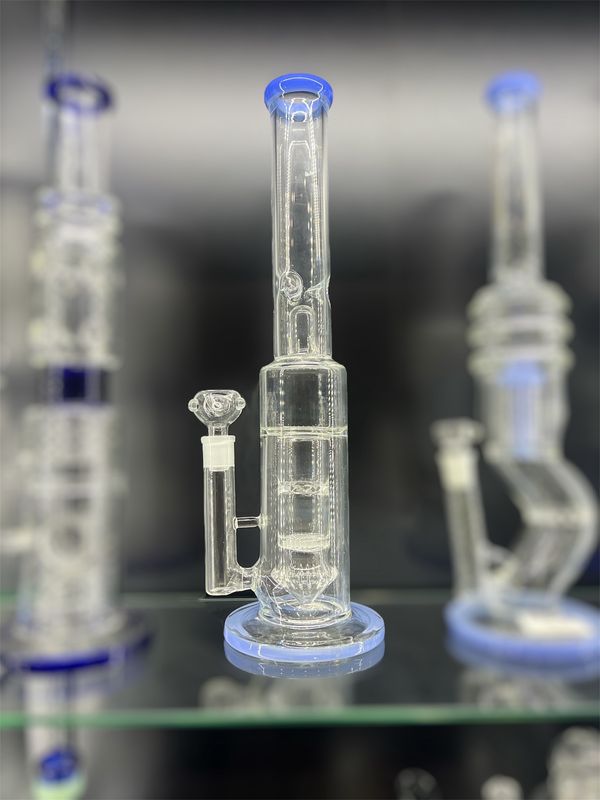 16&quot; Tall Straight Tube Water Pipe with Dual Honeycomb Percs and Blue Accents