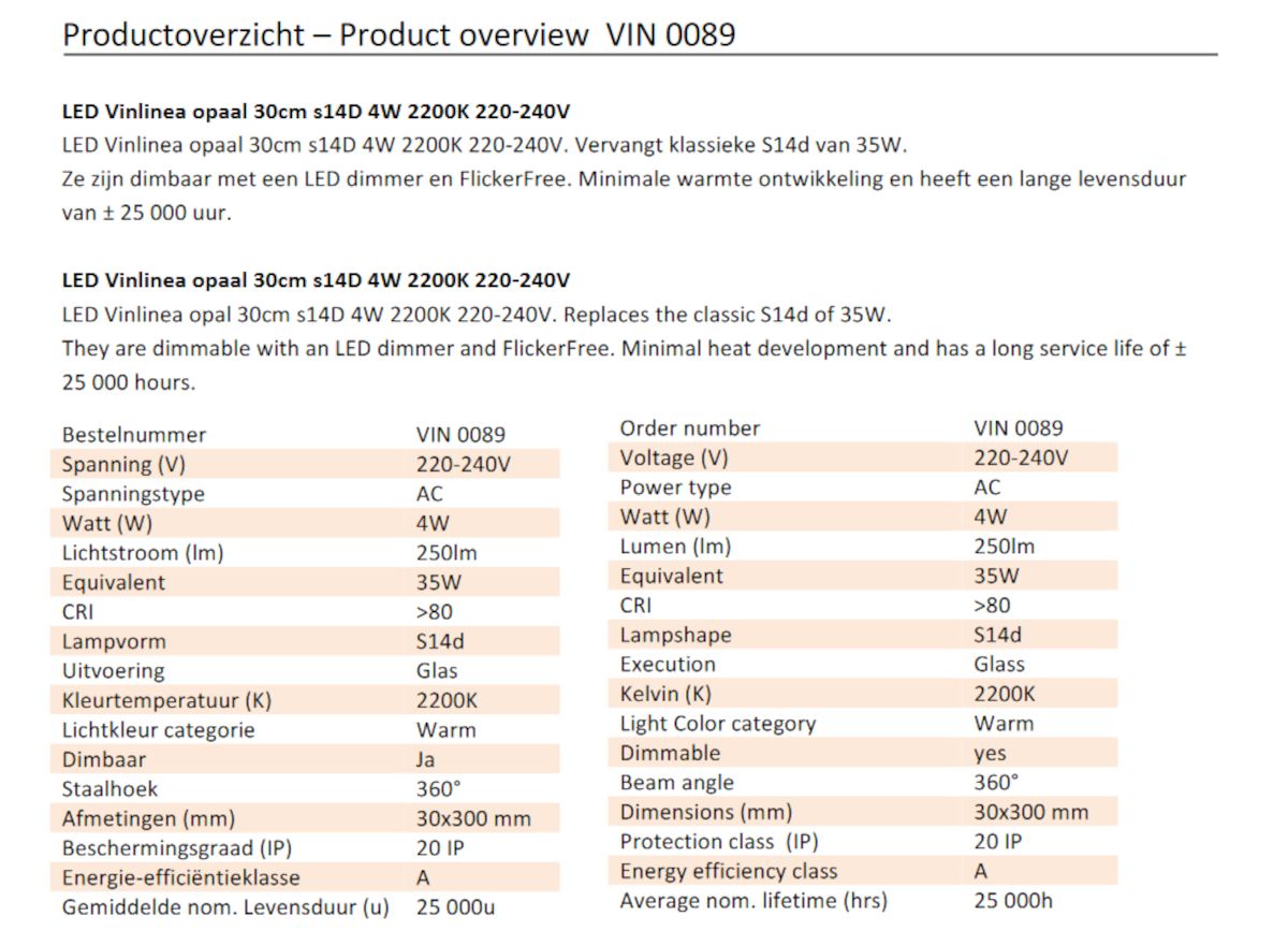 Vintage ledlight  0089 Vinlinea opaal 30cm  S14d 4W 2200 Kelvin (warm) 