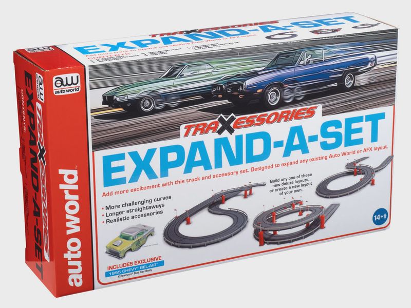 AWDTRX112, Auto World 7&#39; Track &amp; Accessory Expand-A Set w/XT 1955 Chevy Bel Air Gasser Body 1/64 Scale