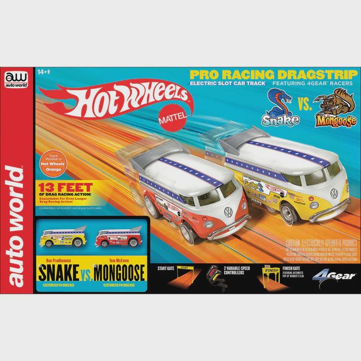 AWD-34003, Auto World Snake vs Mongoose (VW Bus) Legends of the Quarter Mile Pro Drag Strip Slot Car 13&#39; Racing Set