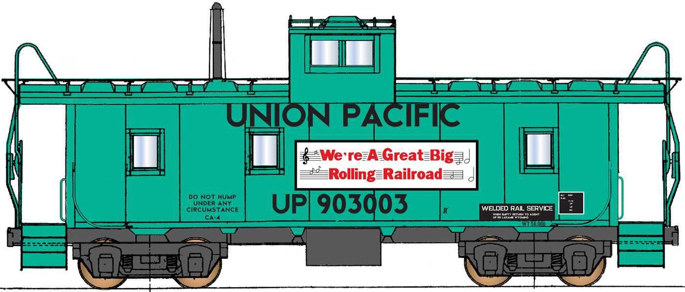 CCS1073-01, Centralia Car Shops HO 1073-01 CA-4 Caboose, Union Pacific (MOW Green) &quot;We&#39;re A Great Big Rolling Railroad&quot;