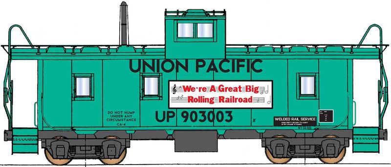 CCS1073-01, Centralia Car Shops HO 1073-01 CA-4 Caboose, Union Pacific (MOW Green) &quot;We&#39;re A Great Big Rolling Railroad&quot;