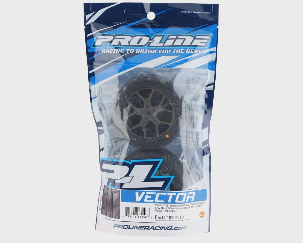 PRO10204-10, Pro-Line Vector 35/85 2.4&quot; Belted Pre-Mounted On-Road Tires (Grey) (2) (S3) w/14mm Hex