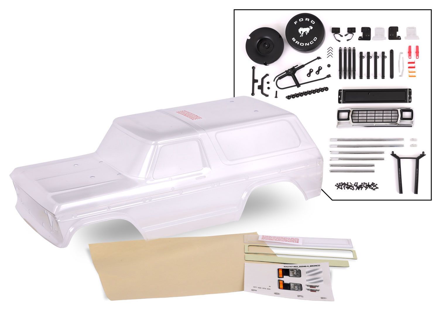 Traxxas Body, Ford Bronco (1979), complete (clear, trimmed, requires painting) (includes grille, side mirrors, door handles, windshield wipers, spare tire mount, decals, window masks) (requires #8072 
