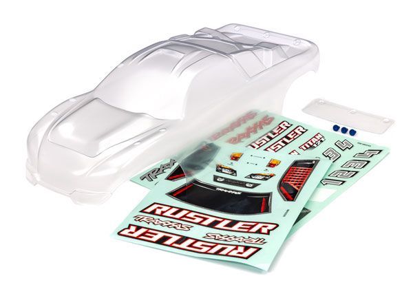 TRA3753, Traxxas Body, Rustler (also fits Rustler VXL) (clear, requires painting)/ window, lights decal sheet/ wing and aluminum hardware (for clipless mounting)