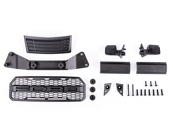 Traxxas Grille/ grille mount/ mirrors, side (left &amp; right)/ mirror mounts (left &amp; right)/ body mount adapter/ rear latch retainers (2)/ 2.6x8mm BCS (self-tapping) (3)/ 2.6x20mm BCS (self-tapping) (2)/