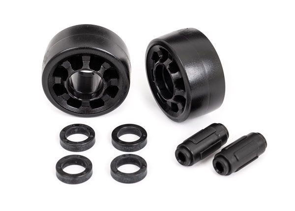Traxxas Wheels, wheelie bar (2)/ axles, wheelie bar (2)/ 10x15x4 plastic bushings (4) (for #7776, 8976, or 9576 wheelie bar)