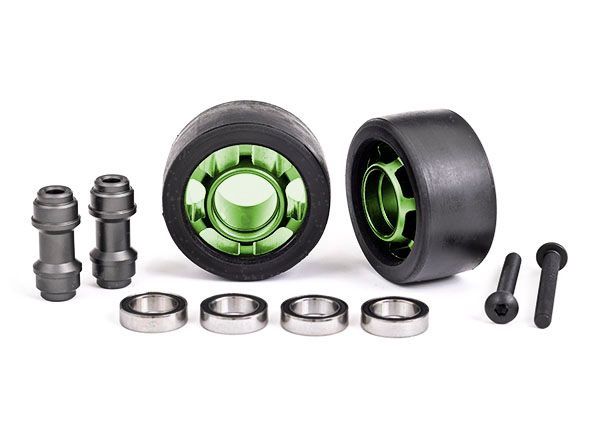 Traxxas Wheels, wheelie bar, 6061-T6 aluminum (green-anodized) (2)/ axle, wheelie bar, 6061-T6 aluminum (2)/ 10x15x4 ball bearings (4)