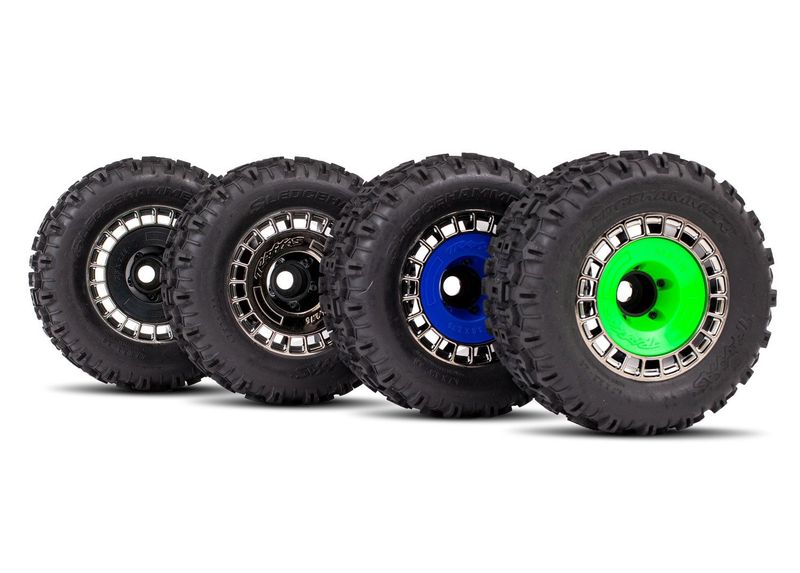 Traxxas Tires &amp; wheels, assembled, glued (3.8&quot; satin black chrome wheels, satin black chrome wheel covers, SledgehammerÔøΩ tires, foam inserts) (2)