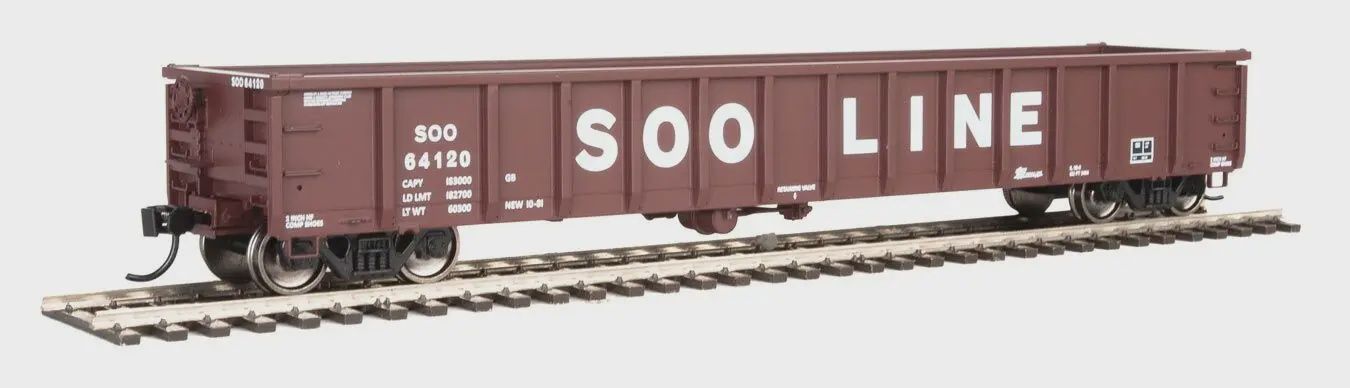 910-6231, WalthersMainline - 53' Railgon Gondola - Ready To Run -- Soo Line #64120 (oxide, white, large name) - HO scale