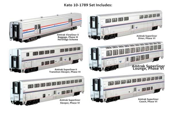 KAT101789, Kato USA - Viewliner Baggage &amp; 5 Superliner Car Bookcase Set - N scale