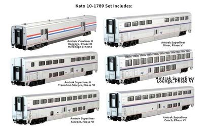 KAT101789, Kato USA - Viewliner Baggage &amp; 5 Superliner Car Bookcase Set - N scale