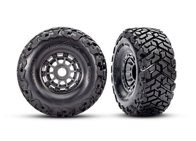 Traxxas Tires &amp; wheels, assembled, glued, left (1), right (1) (charcoal gray wheels, Maxx Slash belted tires, foam inserts) (17mm splined) (TSM rated)