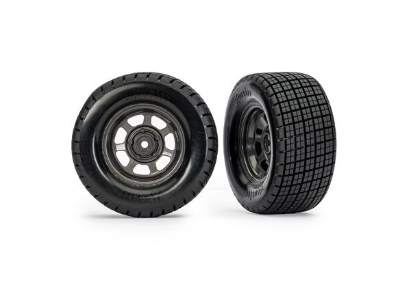 TRA10474X, Traxxas Dirt Oval Gray Rear Wheels w/ Hoosier Tires (2)