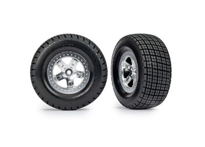 Traxxas Tires &amp; wheels, assembled, glued (SCT, satin chrome wheels, beadlock type (dual profile 2.2" outer 3.0" inner, HoosierÔøΩ tires, foam inserts) (2) (4WD front/rear, 2WD rear only)