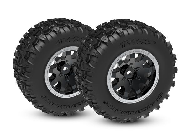TRA10771-STBLK, Traxxas Tires &amp; Wheels, assembled (black with satin beadlock wheels, dual profile (2.1&quot; outer, 2.6&quot; inner), Sledgehammer tires, foam inserts)) (front) (2)