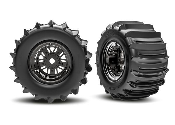 Traxxas Tires &amp; wheels, assembled, glued (Pro ScaleÔøΩ Sand Car Race black chrome wheels, belted paddle tires, dual profile (3.6" outer, 4.7" inner), foam inserts) (rear) (1 left, 1 right)