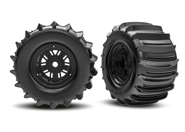 Traxxas Tires &amp; wheels, assembled, glued (Pro ScaleÔøΩ Sand Car Race black wheels, belted paddle tires, dual profile (3.6" outer, 4.7" inner), foam inserts) (rear) (1 left, 1 right)