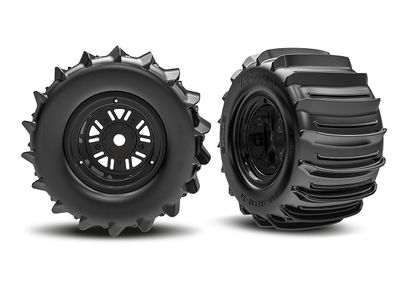 Traxxas Tires &amp; wheels, assembled, glued (Pro ScaleÔøΩ Sand Car Race black wheels, belted paddle tires, dual profile (3.6" outer, 4.7" inner), foam inserts) (rear) (1 left, 1 right)