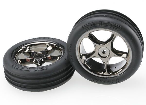TRA2471A, Traxxas Bandit Tires &amp; Wheels, assembled (Tracer 2.2" black chrome wheels, Alias ribbed 2.2" tires) (2) (Bandit front, medium compound w/ foam inserts)