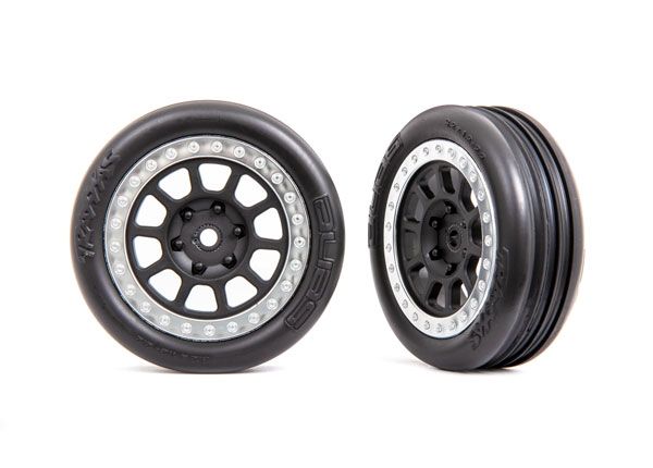 Traxxas Tires &amp; wheels, assembled (2.2" black, satin chrome beadlock wheels, AliasÔøΩ ribbed 2.2" tires) (2) (BanditÔøΩ front, medium compound w/ foam inserts)