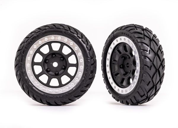 TRA2479G, Traxxas Tires &amp; wheels, assembled (2.2" black, satin chrome beadlock wheels, Anaconda 2.2" tires with foam inserts) (2) (Bandit front)