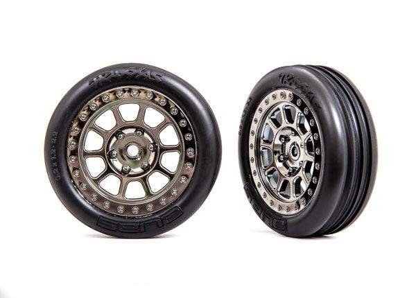 Traxxas Tires &amp; wheels, assembled (2.2" black chrome wheels, AliasÔøΩ ribbed 2.2" tires) (2) (BanditÔøΩ front, medium compound w/ foam inserts)