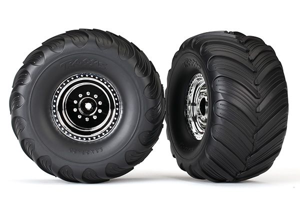 TRA3665X, Traxxas Tires &amp; wheels, assembled, glued (chrome wheels, Terra Groove dual profile tires, foam inserts) (nitro rear/ electric front) (2)
