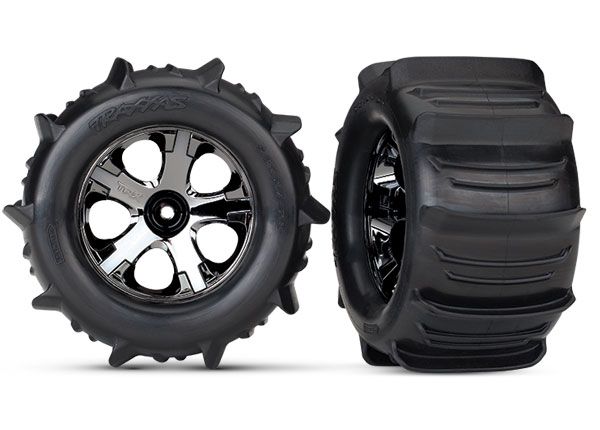 Traxxas Tires &amp; wheels, assembled, glued (2.8") (All-Star black chrome wheels, paddle tires, foam inserts) (nitro rear/electric front) (2) (TSMÔøΩ rated)
