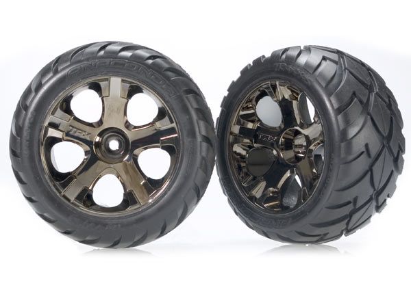 Traxxas Tires &amp; wheels, assembled, glued (All-Star black chrome wheels, AnacondaÔøΩ tires, foam inserts) (nitro rear/ electric front) (1 left, 1 right)
