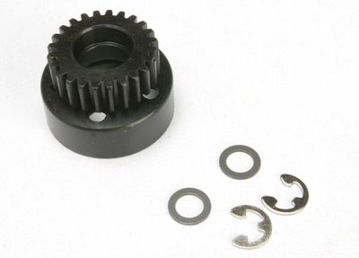 TRA4124, Traxxas Clutch bell, (24 tooth) / 5x8x0.5mm fiber washer (2)/ 5mm E-clip (requires #4611-ball bearings, 5x11x4mm (2))