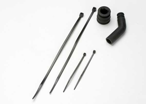 TRA5245X, Traxxas Pipe coupler, molded (black)/ exhaust deflecter (rubber, black)/ cable ties, long (2)/ cable ties, short (2)