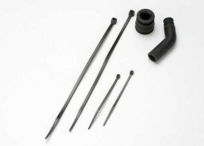 TRA5245X, Traxxas Pipe coupler, molded (black)/ exhaust deflecter (rubber, black)/ cable ties, long (2)/ cable ties, short (2)