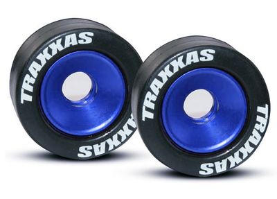 TRA5186A, Traxxas Wheels, aluminum (blue-anodized) (2)/ 5x8mm ball bearings (4)/ axles (2)/ rubber tires (2)