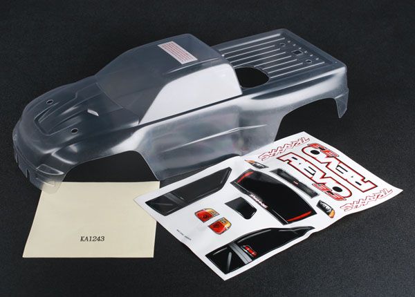 TRA5387, Traxxas Body, Revo 3.3 (clear, requires painting)/ window, lights, grille decal sheet