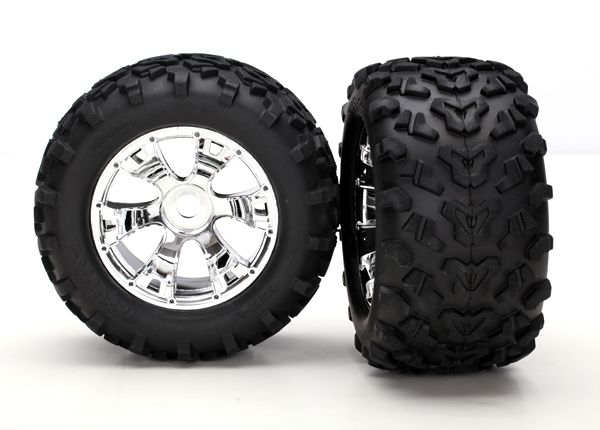TRA5674, Traxxas Pre-Mounted Monster Truck Tires w/17mm Geode Wheels (2) (Chrome)