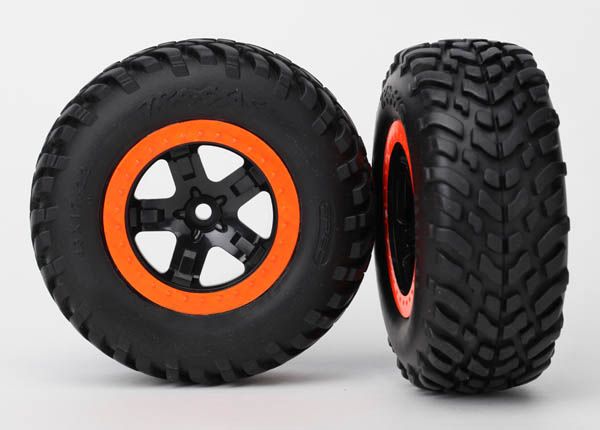 Traxxas Tire &amp; wheel assembled, glued (S1 compound) (SCT, black, orange beadlock wheels, SCT off-road racing tires, foam inserts) (2) (4WD f/r, 2WD rear) (TSMÔøΩ rated)
