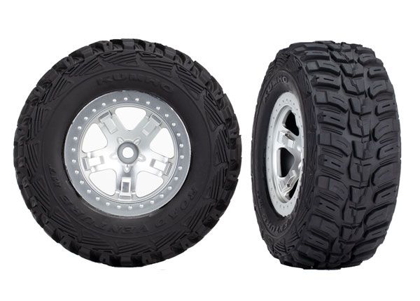 Traxxas Tire &amp; wheel assy, glued (SCT satin chrome, beadlock style wheels, Kumho tires, foam inserts) (2) (4WD front/rear, 2WD rear only)