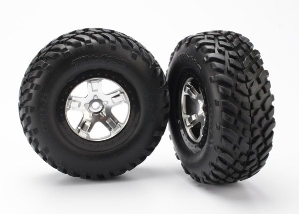 Traxxas Tire &amp; wheel assy, glued (SCTsatin chrome, black beadlock style wheels, SCT off-road racing tires, foam inserts) (2) (4WD front/rear, 2WD rear only)