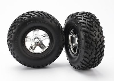 Traxxas Tire &amp; wheel assy, glued (SCTsatin chrome, black beadlock style wheels, SCT off-road racing tires, foam inserts) (2) (4WD front/rear, 2WD rear only)