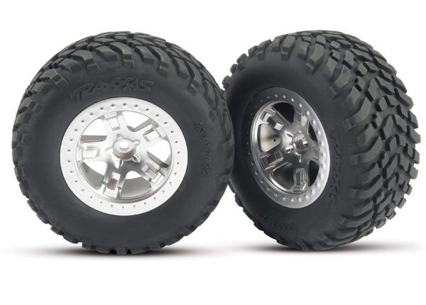 Traxxas Tires &amp; wheels, assembled, glued (SCT, satin chrome wheels, beadlock type (dual profile 2.2&quot; outer 3.0&quot; inner), SCT off-road tires, foam inserts) (2) (Front)