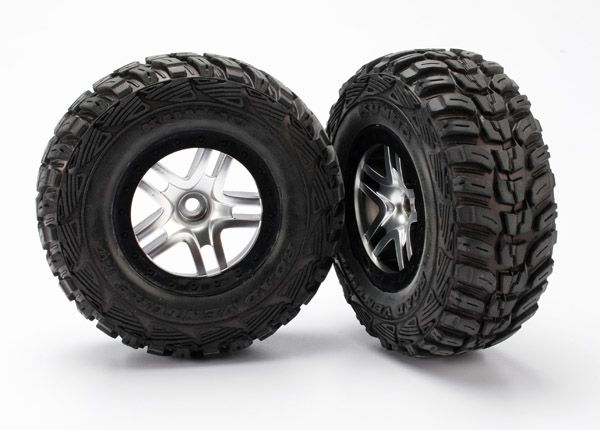 Traxxas Tire &amp; wheel assy, glued (S1 compound) (SCT Split-Spoke satin chrome, black beadlock style wheels, Kumho tires, foam inserts) (2) (2WD front)