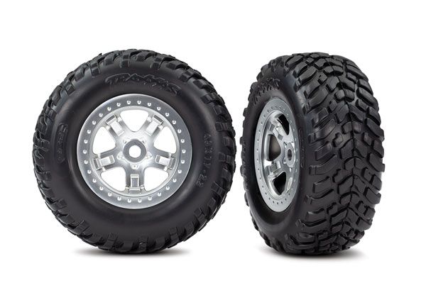 Traxxas Tires &amp; wheels, assembled, glued (SCT, satin chrome wheels, (dual profile 2.2" outer 3.0" inner), SCT off-road racing tires, foam inserts) (2)