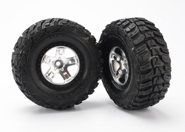 Traxxas Tire &amp; wheel assy, glued (SCT satin chrome, black beadlock style wheels, Kumho tires, foam inserts) (2) (2WD front)