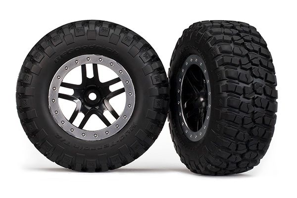 Traxxas Tire &amp; wheel assy, glued (SCT Split-Spoke, black, satin chrome beadlock wheels, BFGoodrichÔøΩ Mud-TerrainÔøΩ T/AÔøΩ KM2 tire, inserts) (2) (4WD f/r, 2WD rear)