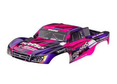 Traxxas Body, Slash 2WD (also fits Slash VXL &amp; Slash 4X4), pink &amp; purple (painted, decals applied) (assembled with front &amp; rear latches for clipless mounting)