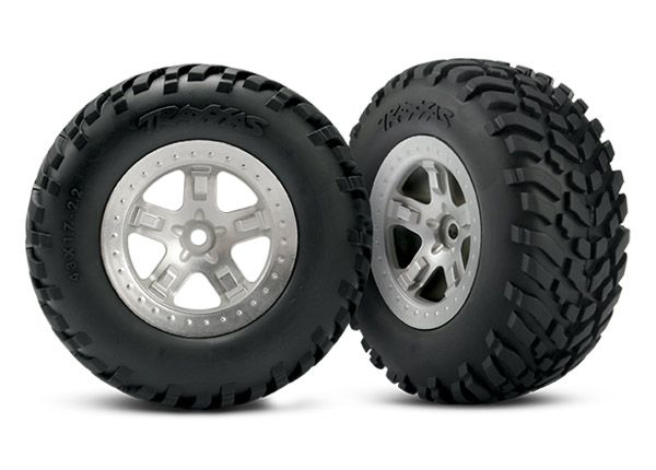 Traxxas Tires &amp; wheels, assembled, glued (SCT, satin chrome wheels, beadlock type (dual profile 2.2&quot; outer 3.0&quot; inner), SCT off-road tires, foam inserts) (2) (Rear) (TSMÔøΩ rated)