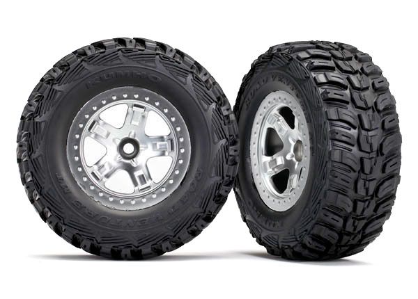 Traxxas Tire &amp; wheel assy, glued (SCT satin chrome, beadlock style wheels, Kumho tires, foam inserts) (2) (2WD front only)