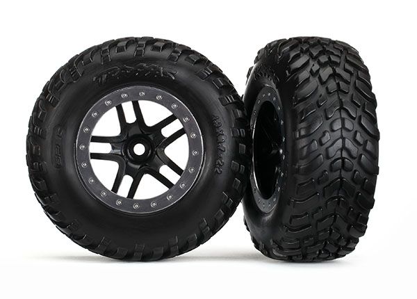 Traxxas Tire &amp; wheel assembled, glued (S1 compound) (SCT Split-Spoke black, satin chrome beadlock style wheel (dual profile 2.2&quot; outer 3.0&quot; inner), SCT off-road tires, foam inserts) (2) (4WD f/r, 2WD 